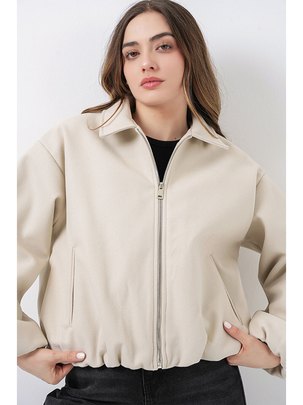 Kadın Büzgülü Oversize Kaşe Ceket 0728 - Ekru-2