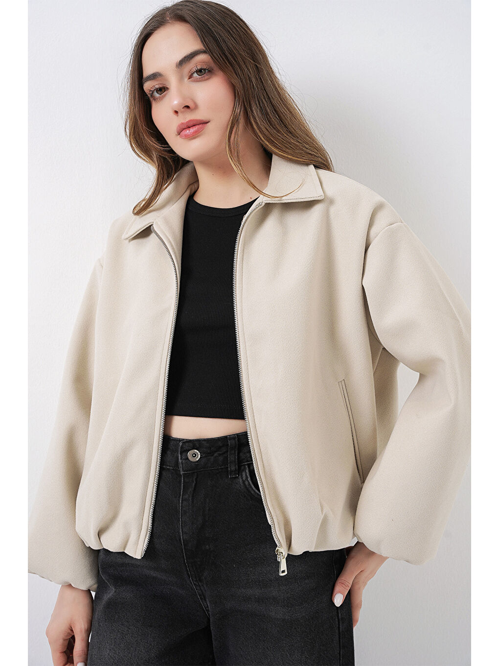 Kadın Büzgülü Oversize Kaşe Ceket 0728 - Ekru-3