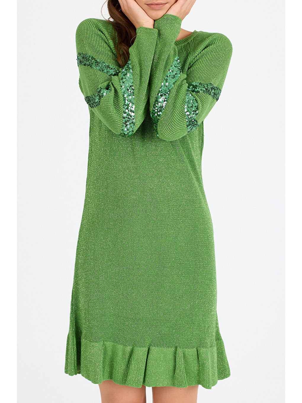 Yeşil Kadın Bisiklet Yaka Sim Garnili Pul İşlemeli Eibise 3143 (Standart Beden s-m-l-xl Beden Uyumludur)-2