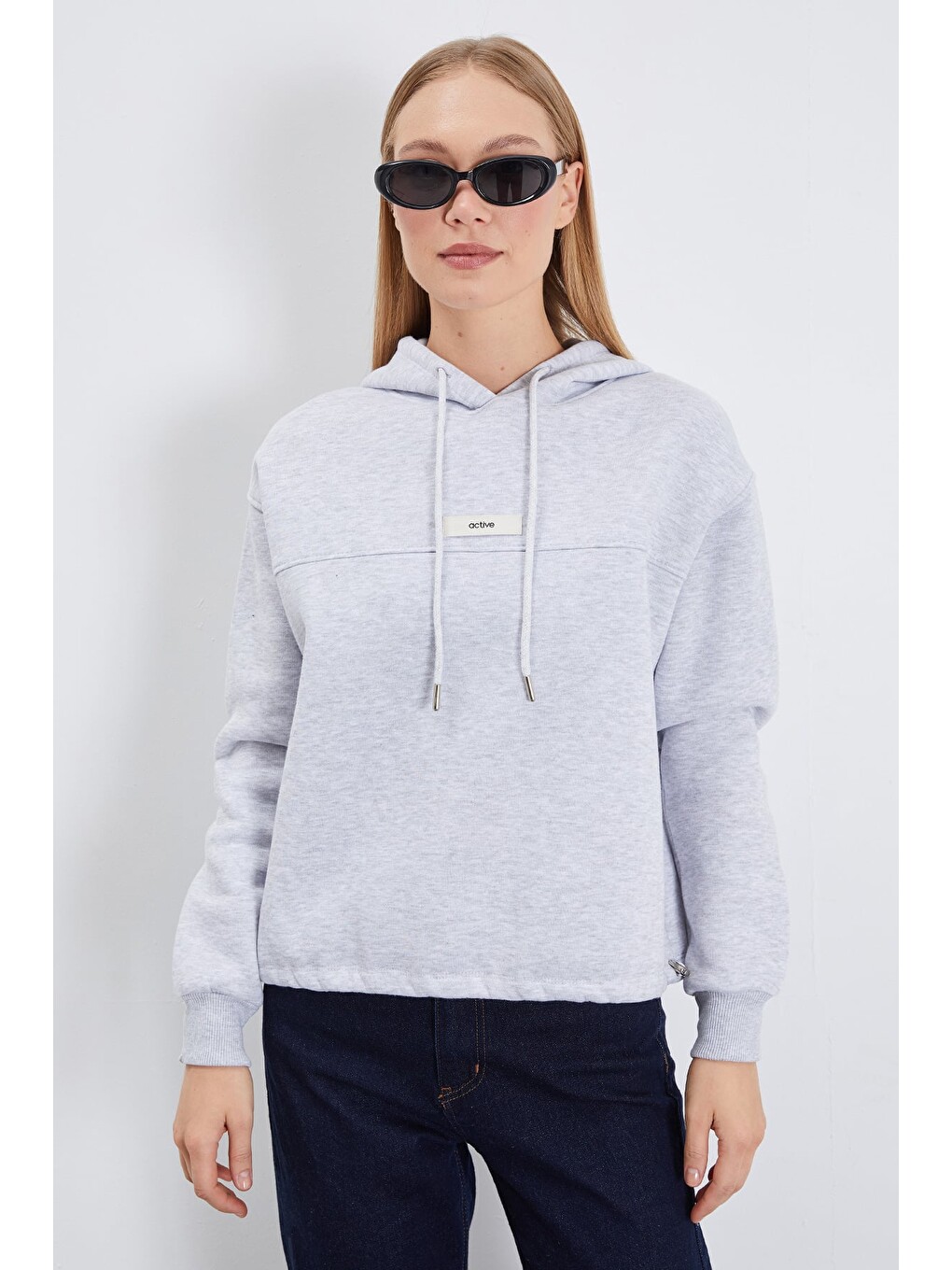 Gri 3 İplik Active Baskılı Kapüşonlu Stoperli Oversize Sweatshirt
