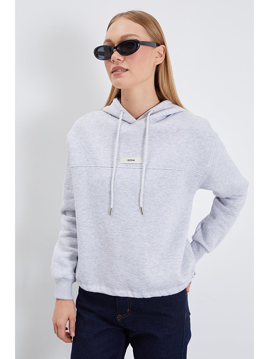 Gri 3 İplik Active Baskılı Kapüşonlu Stoperli Oversize Sweatshirt-1