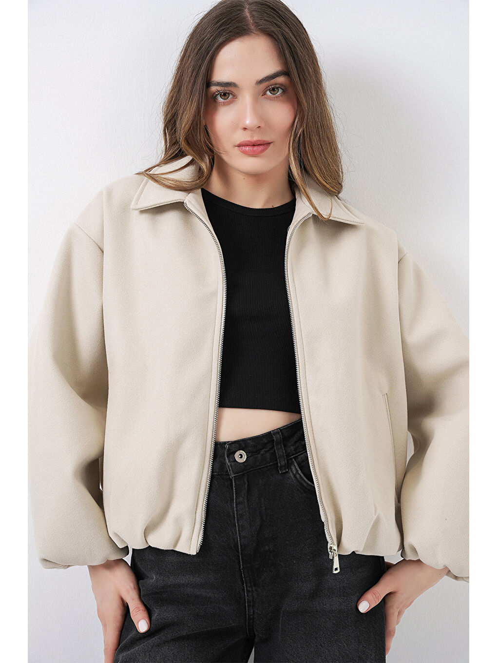 Kadın Büzgülü Oversize Kaşe Ceket 0728 - Ekru-4