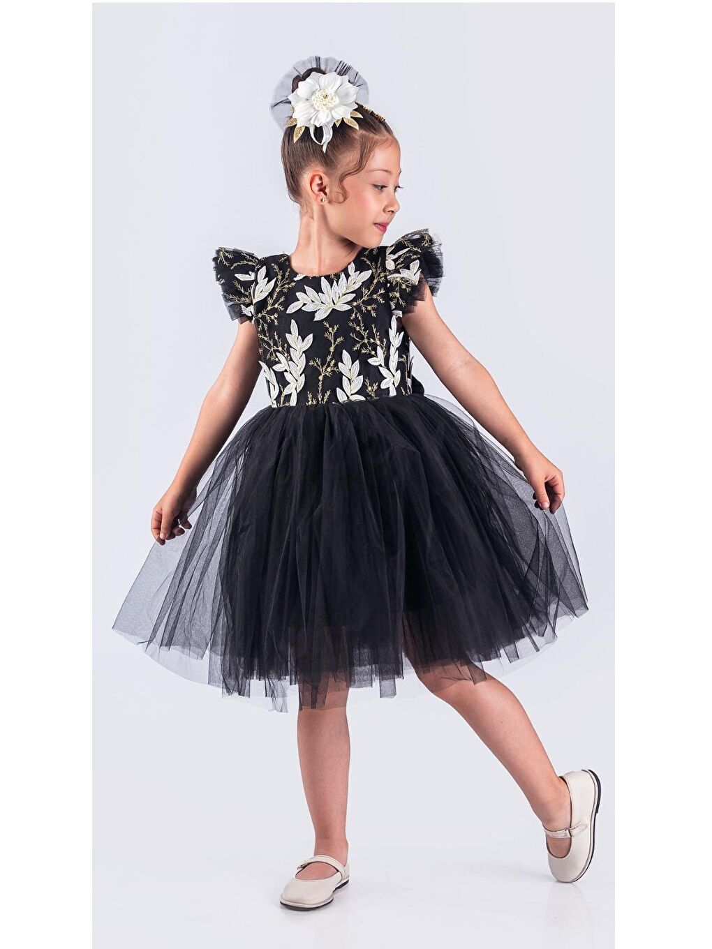 Siyah Kız Çocuk Nakışlı Tütü Etek Elbise MNK0578-3