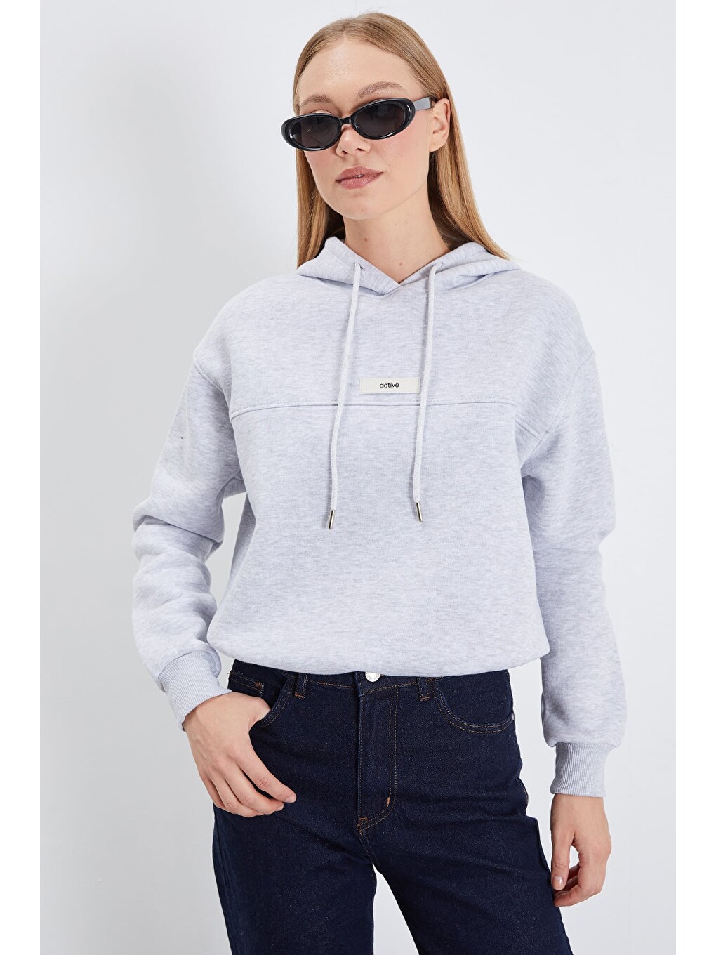 Gri 3 İplik Active Baskılı Kapüşonlu Stoperli Oversize Sweatshirt-3