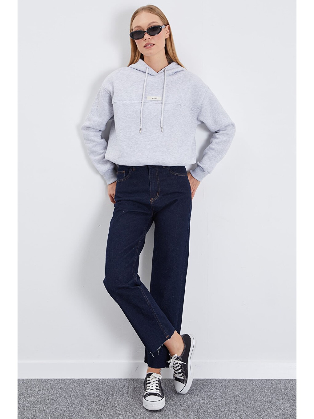 Gri 3 İplik Active Baskılı Kapüşonlu Stoperli Oversize Sweatshirt-4