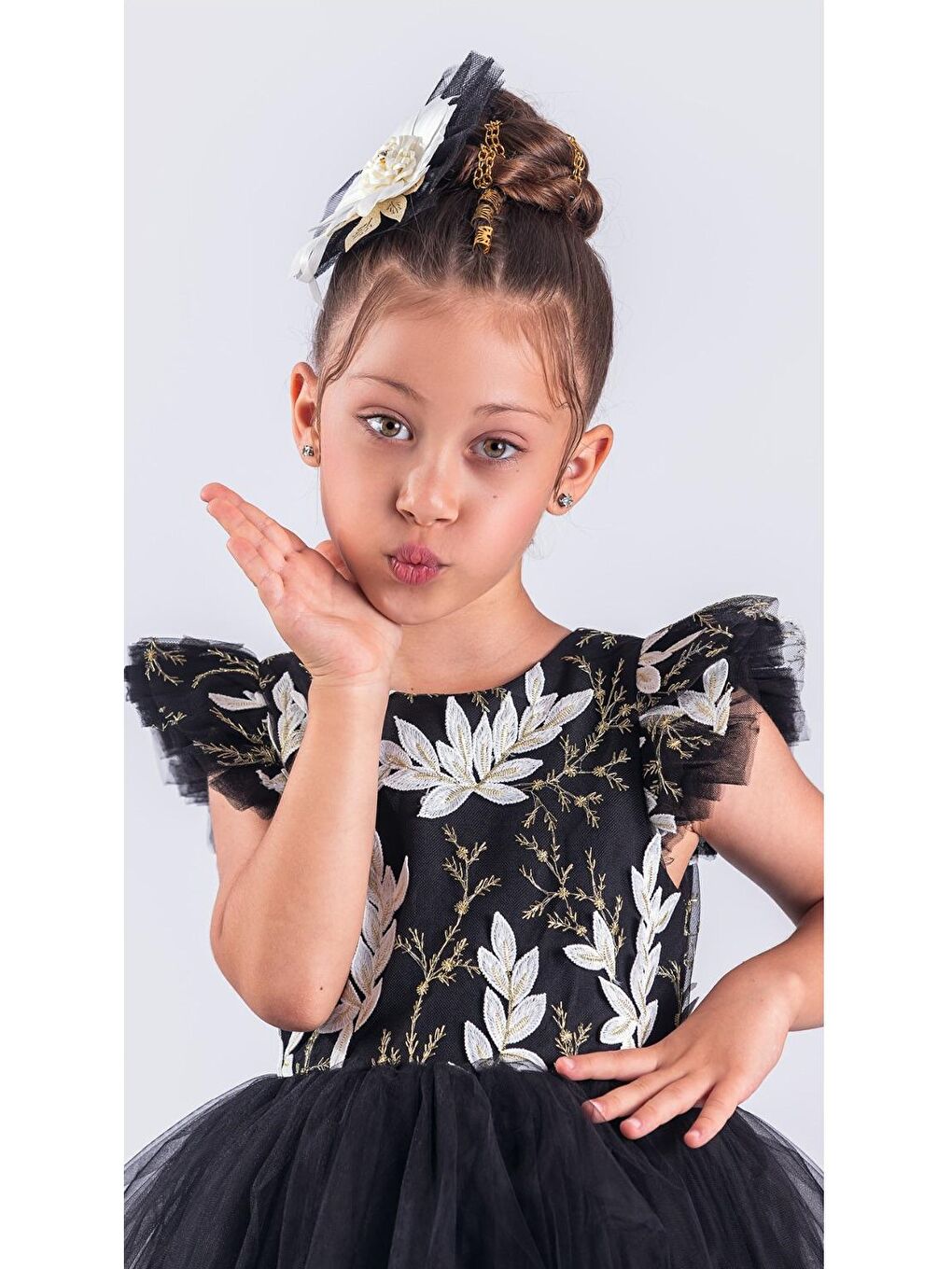 Siyah Kız Çocuk Nakışlı Tütü Etek Elbise MNK0578-9