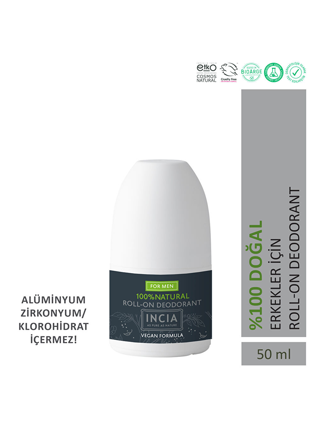 INCIA %100 Doğal Roll On Deodorant Erkekler İçin Ter Kokusu Önleyici Lekesiz 50 ml