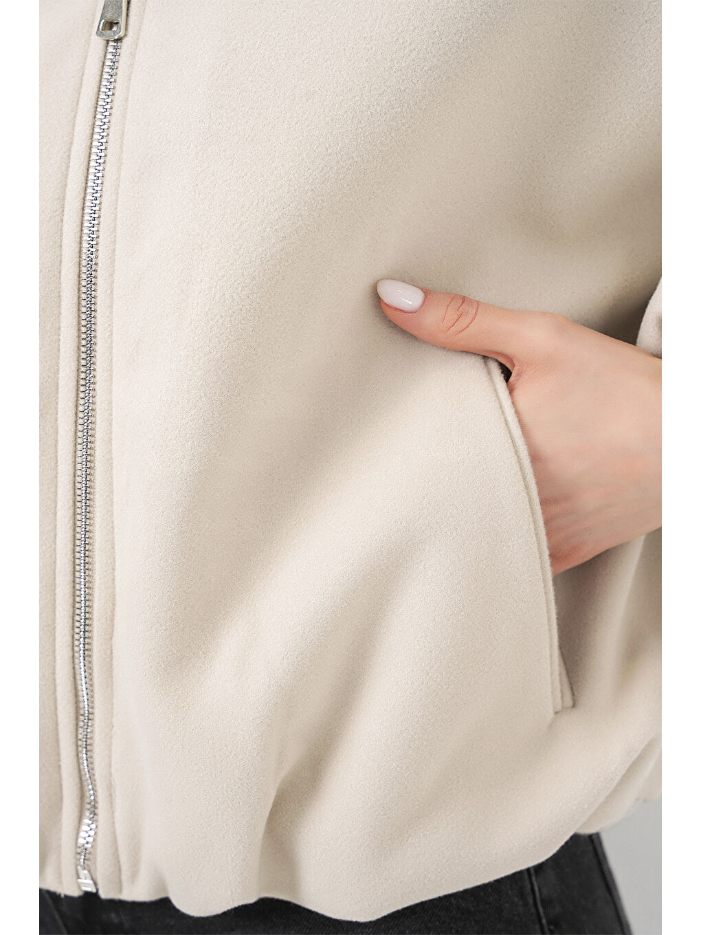 Kadın Büzgülü Oversize Kaşe Ceket 0728 - Ekru-5