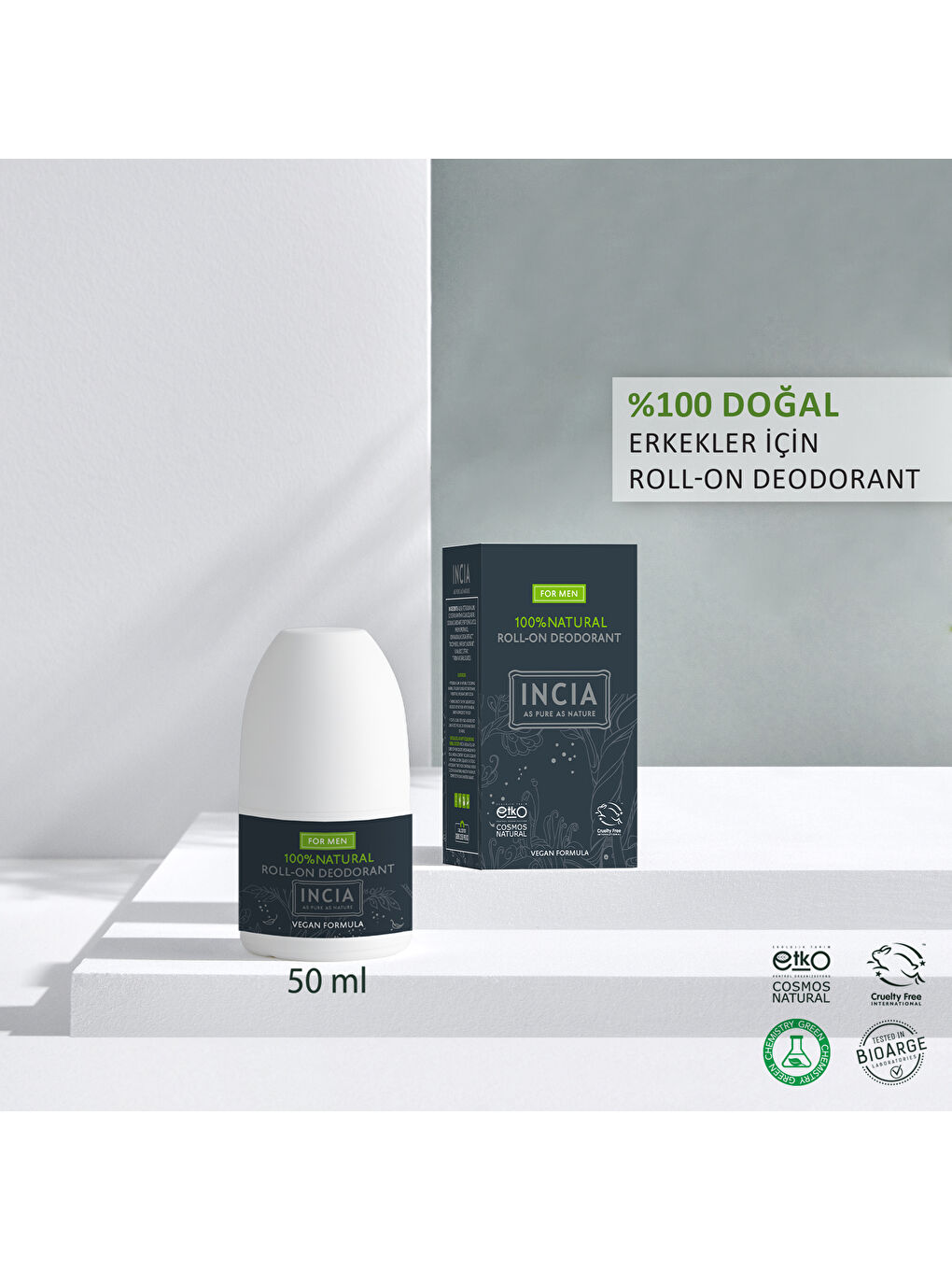 INCIA %100 Doğal Roll On Deodorant Erkekler İçin Ter Kokusu Önleyici Lekesiz 50 ml - 1