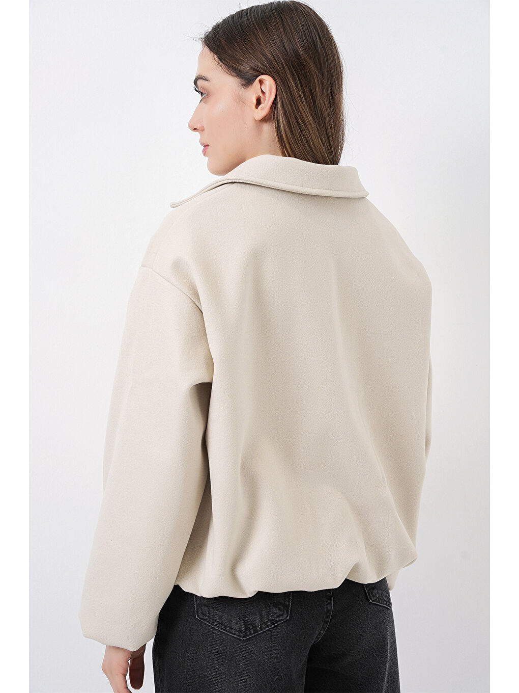 Kadın Büzgülü Oversize Kaşe Ceket 0728 - Ekru-6