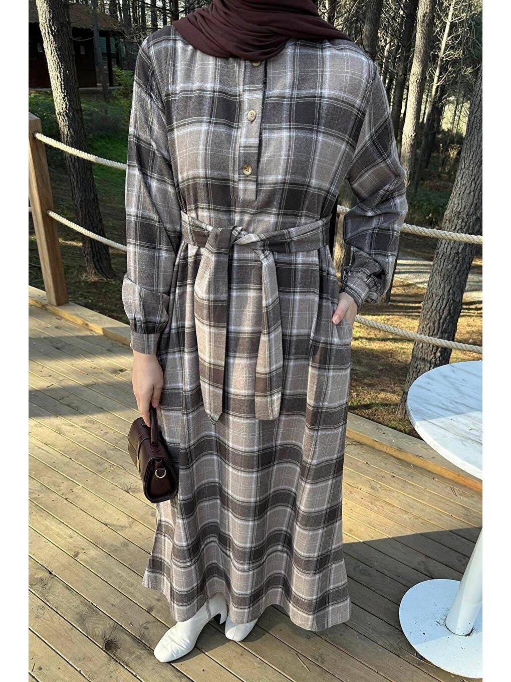 Bej Ekose Desen Elbise Vizonrengi-2