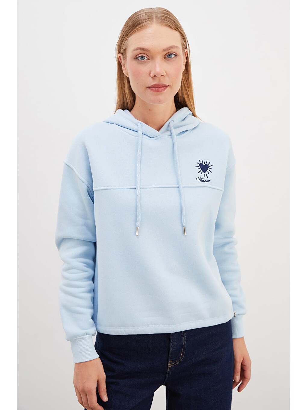 Mavi 3 İplik Kalp Nakışlı Kapüşonlu Stoperli Sweatshirt