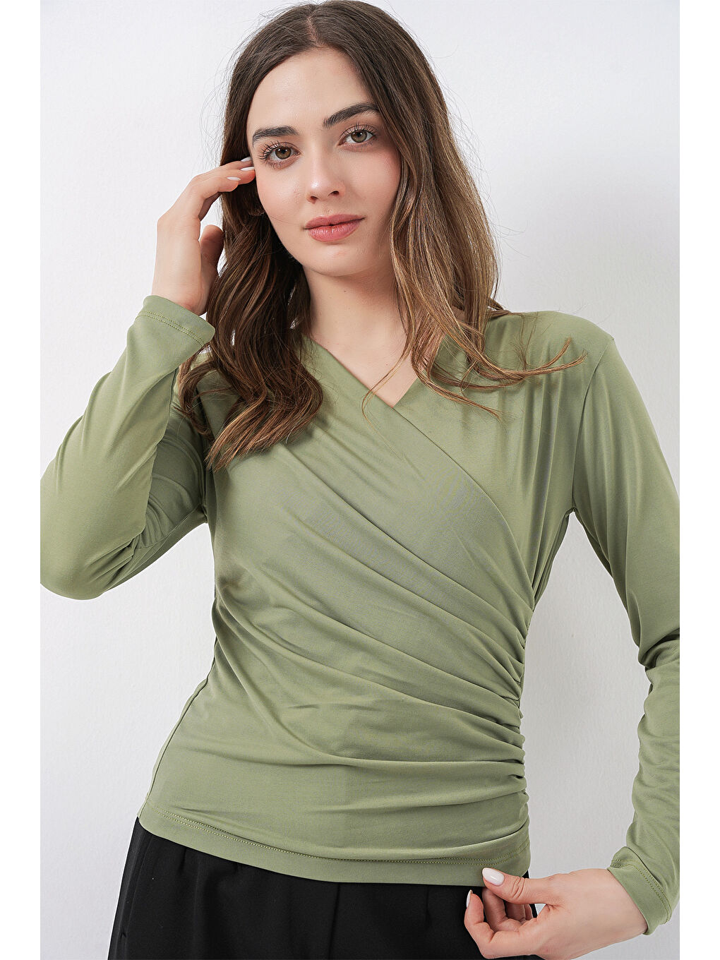 Yeşil 939 Anvelop Yaka Sandy Bluz - Çağla-2