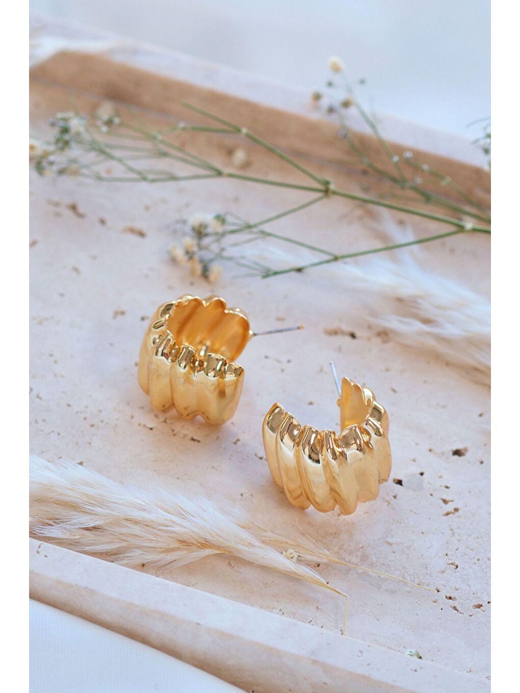 Sarı Altın Kaplama Hafif Stairs Küpe-5