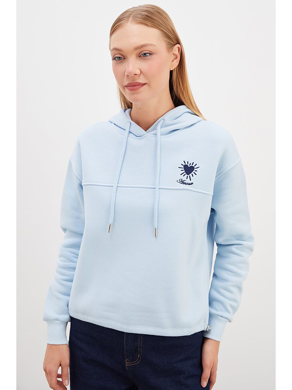 Mavi 3 İplik Kalp Nakışlı Kapüşonlu Stoperli Sweatshirt-1