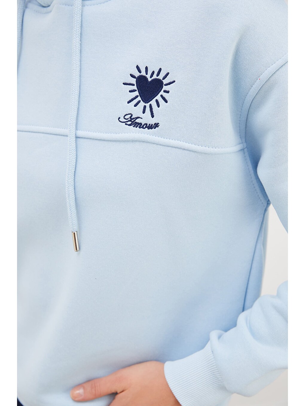 Mavi 3 İplik Kalp Nakışlı Kapüşonlu Stoperli Sweatshirt-2