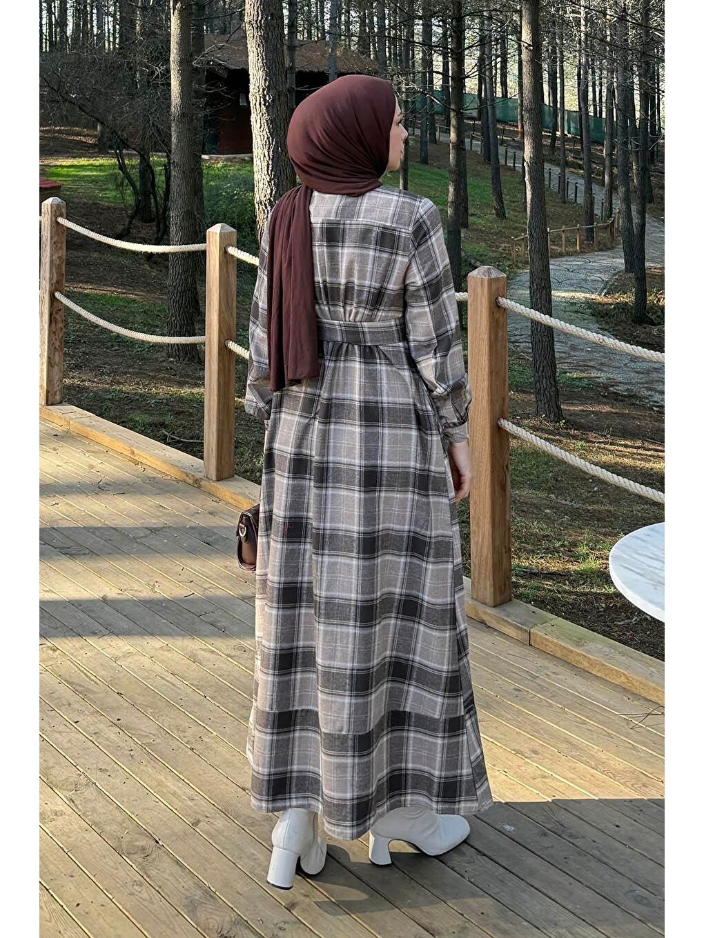 Bej Ekose Desen Elbise Vizonrengi-3