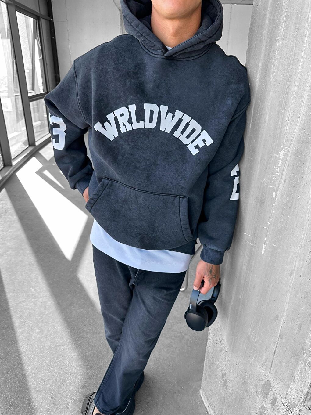 ablukaonline Gri Erkek Wrld Wide Baskılı Oversize Hoodie Füme