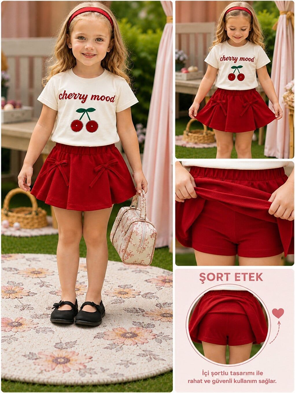 Kız Çocuk Şort Etek Takım Cherry Mood Taş İşlemeli Kiraz Baskılı Beyaz Tshirt Kırmızı Etek-1