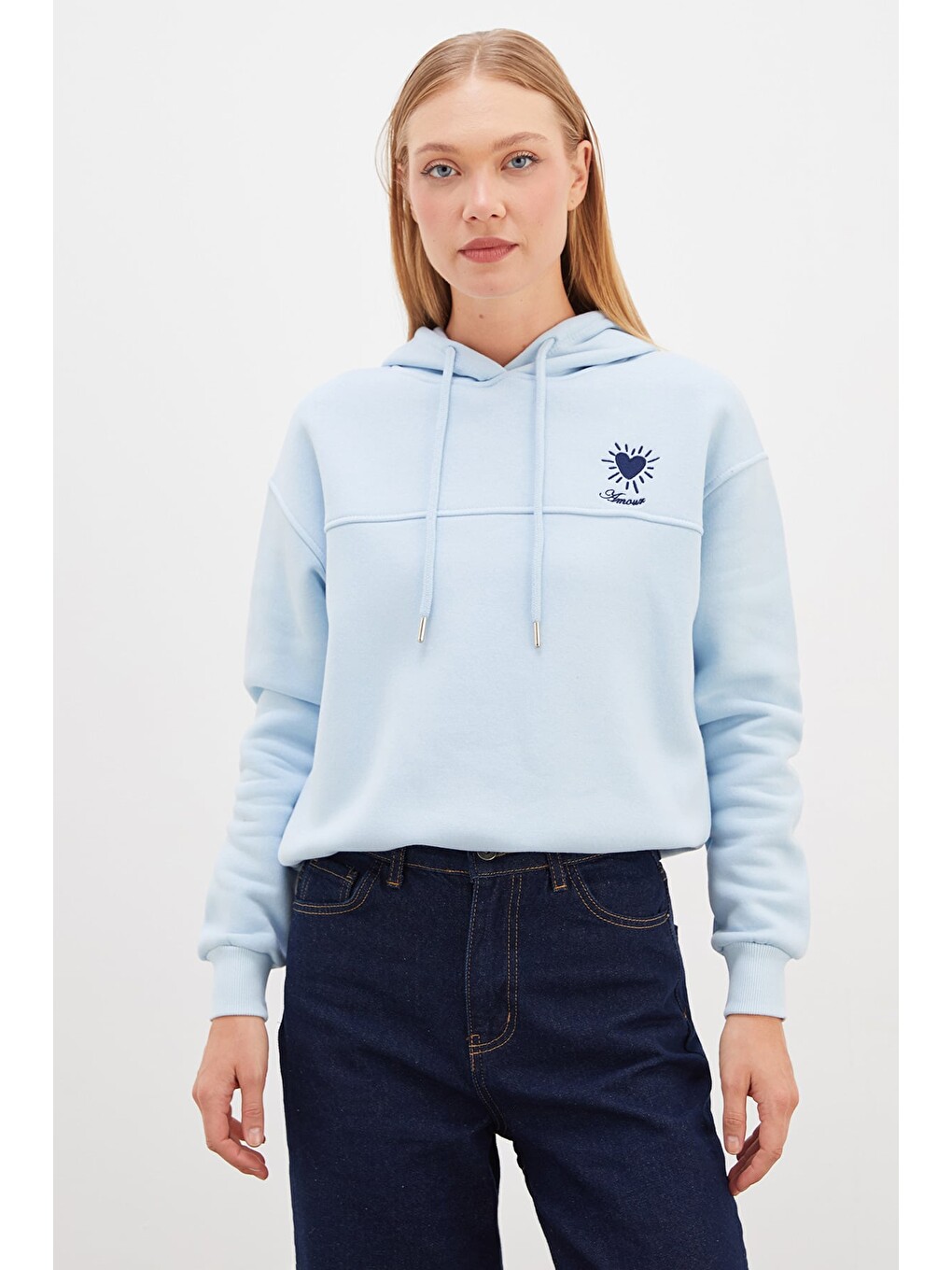 Mavi 3 İplik Kalp Nakışlı Kapüşonlu Stoperli Sweatshirt-4