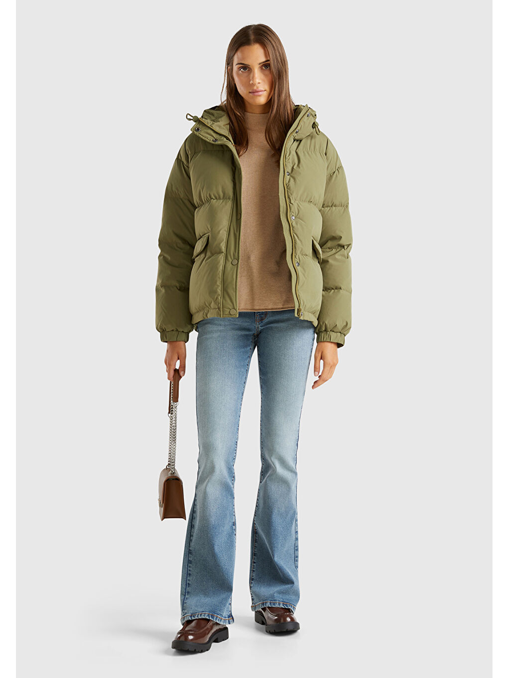 Kadın Haki Cep Detaylı Düğme Kapamalı Büzgü İpli Kapüşonlu Kısa Mont-4