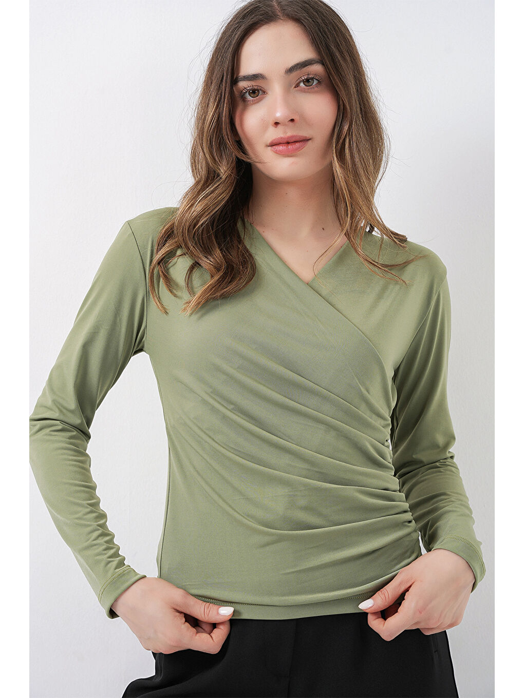 Yeşil 939 Anvelop Yaka Sandy Bluz - Çağla-3