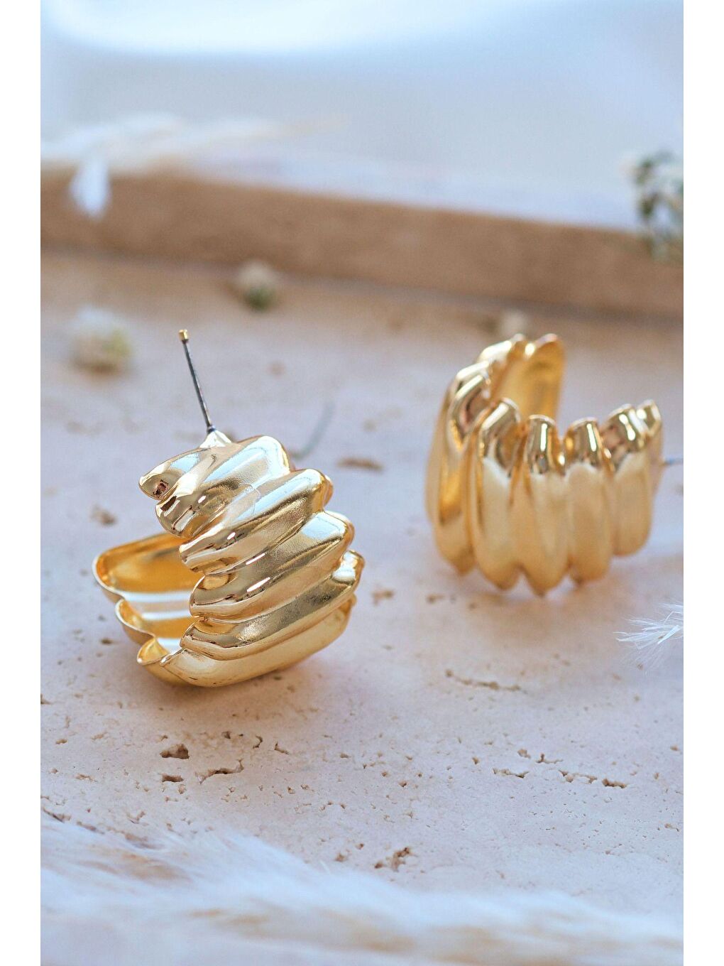 Sarı Altın Kaplama Hafif Stairs Küpe-6