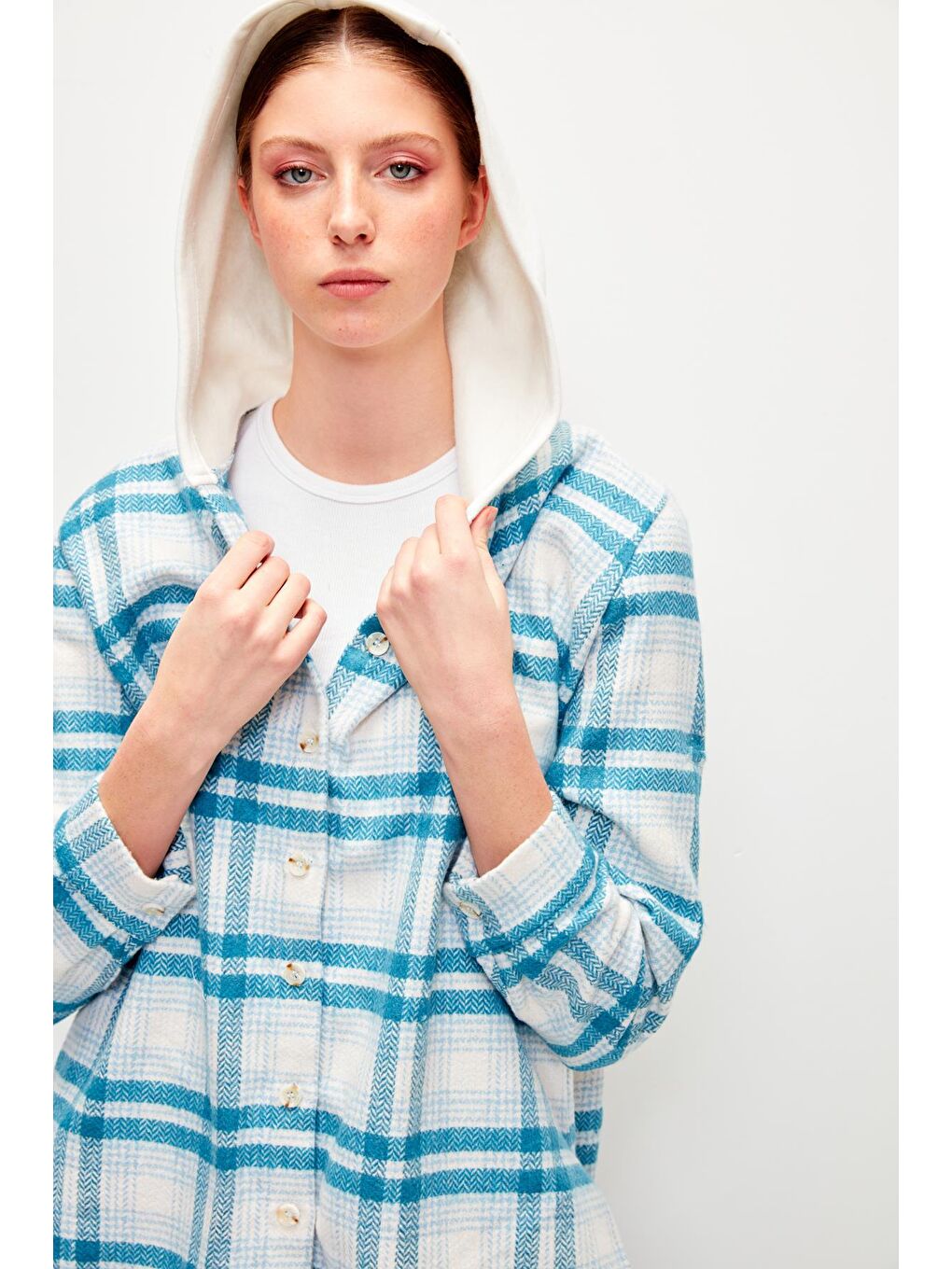 Kapüşonlu Ekoseli Oduncu Gömlek-Mavi-1