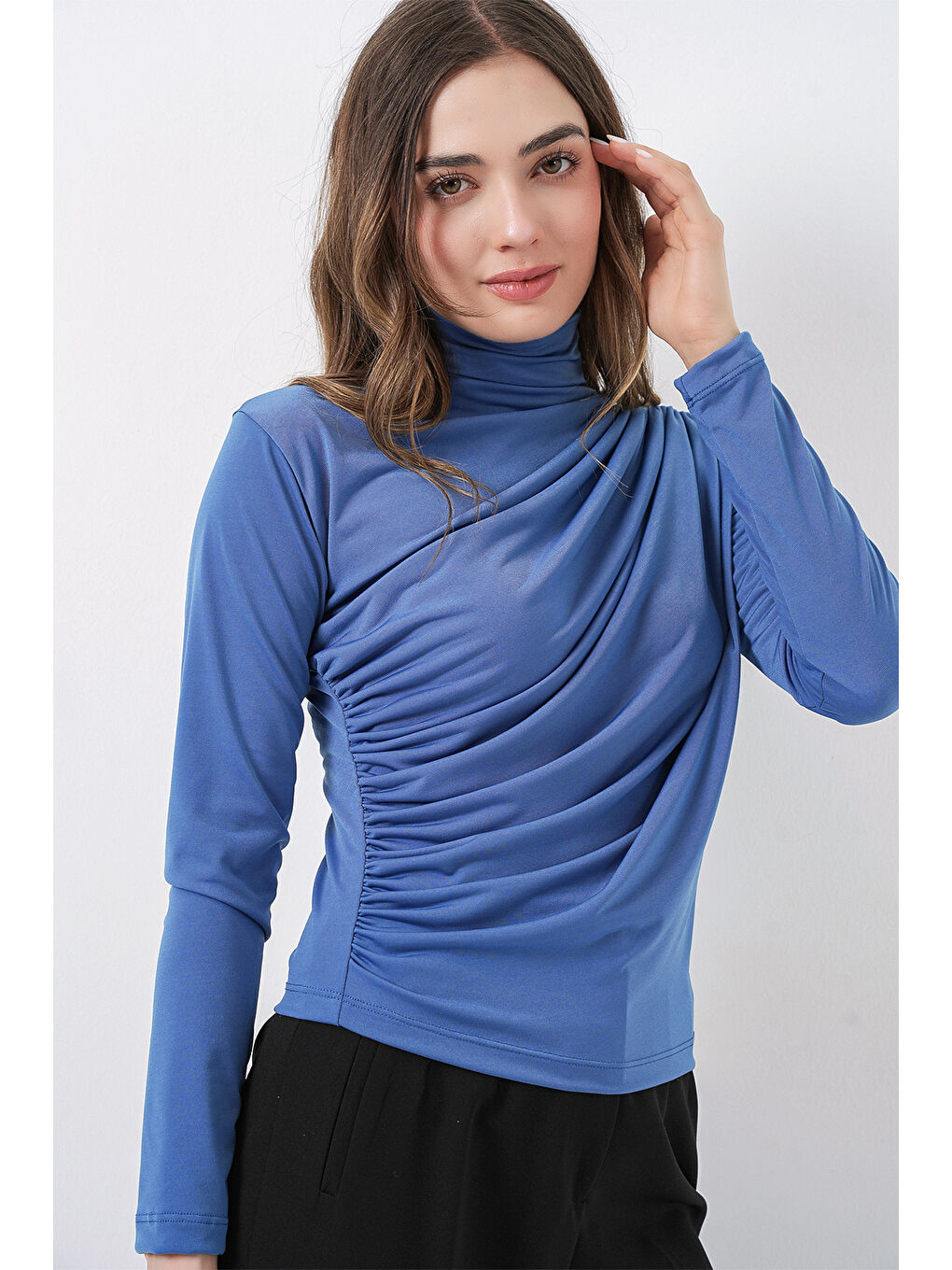 925 Büzgü Detaylı Sandy Bluz - İndigo-3