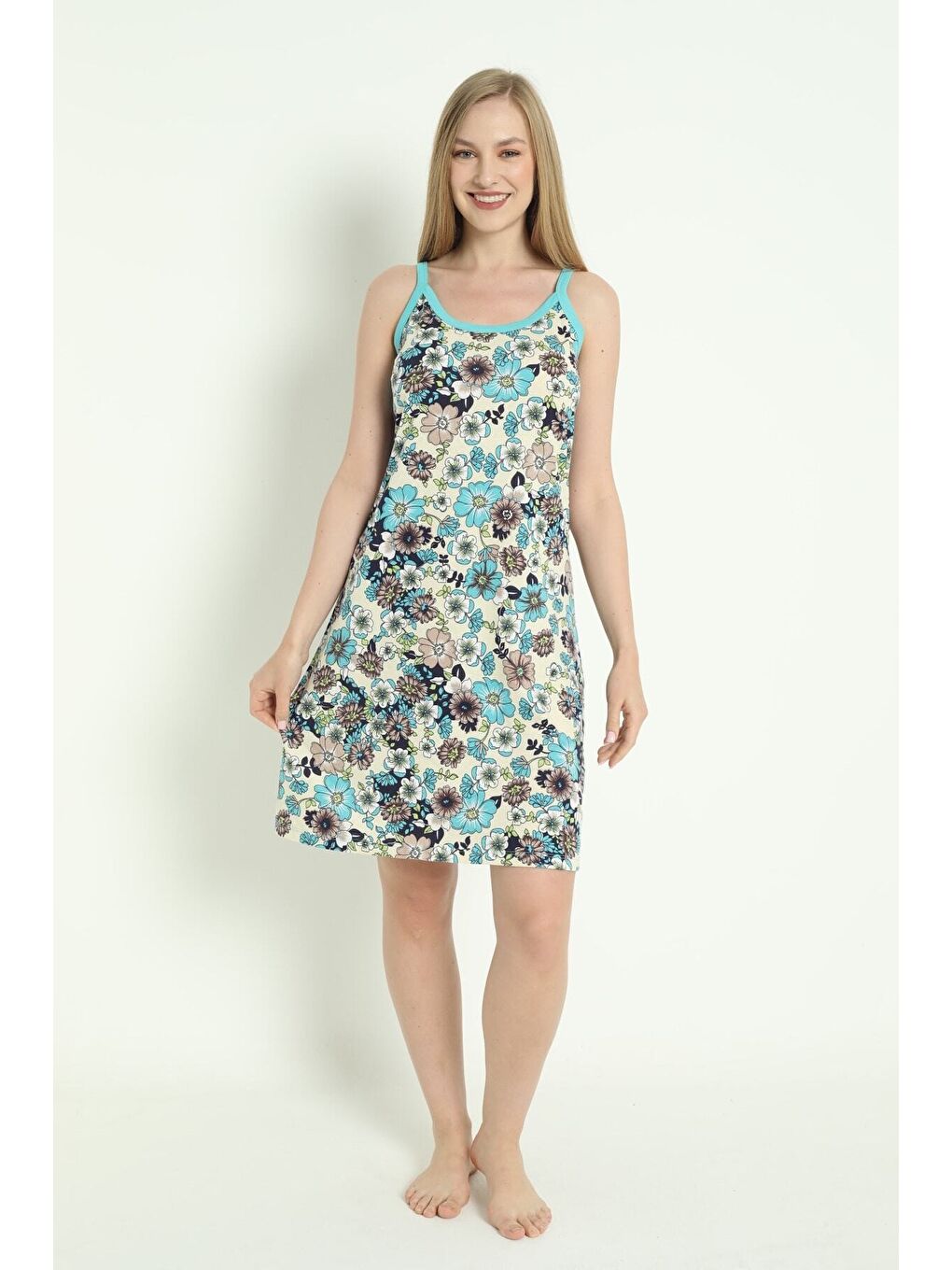 Ekru Kadın Askılı Desenli %100 Pamuk Yazlık Elbise