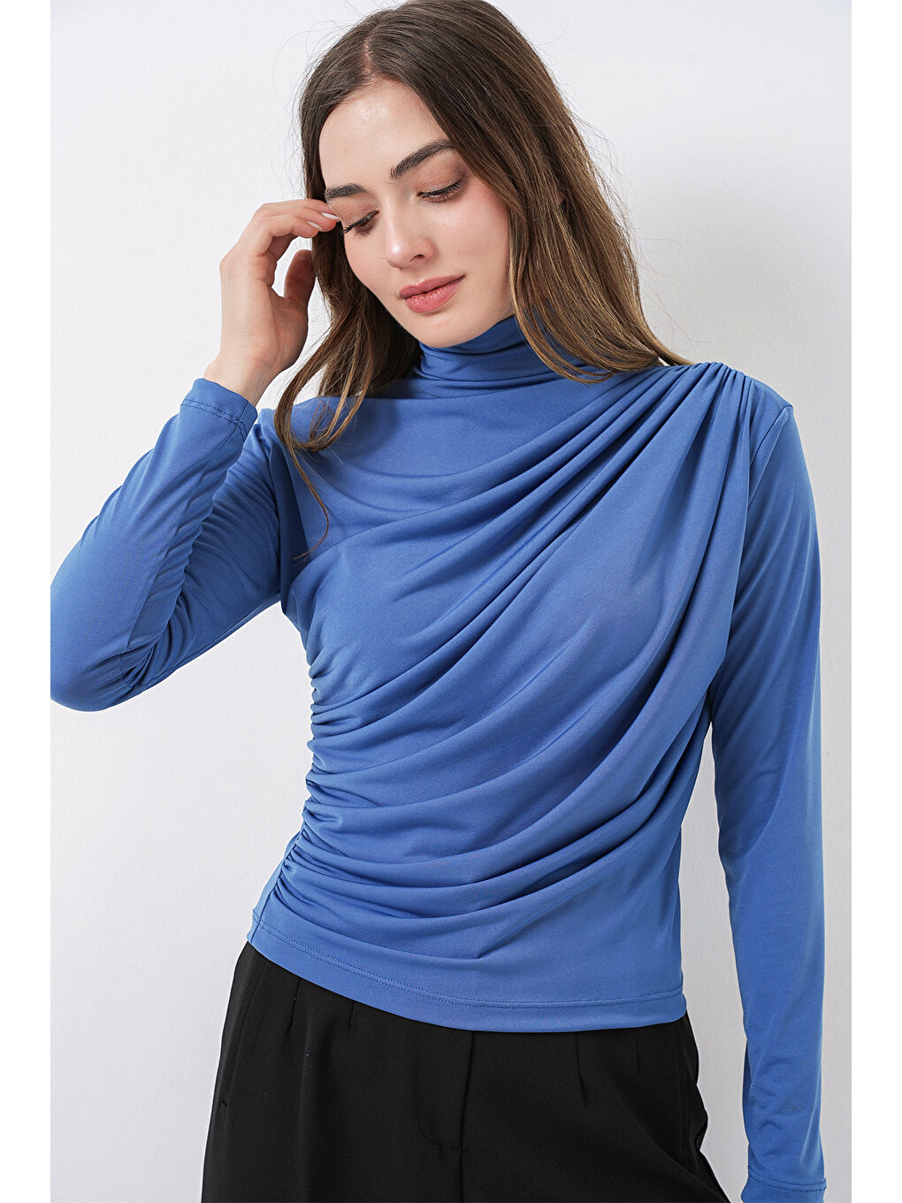 925 Büzgü Detaylı Sandy Bluz - İndigo-4