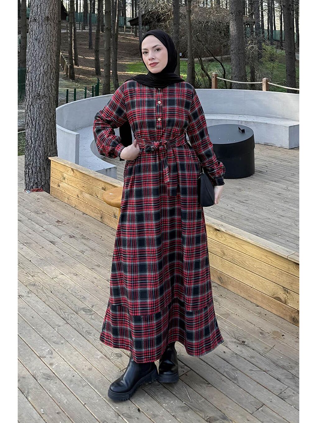 Ekose Desen Elbise Bordo