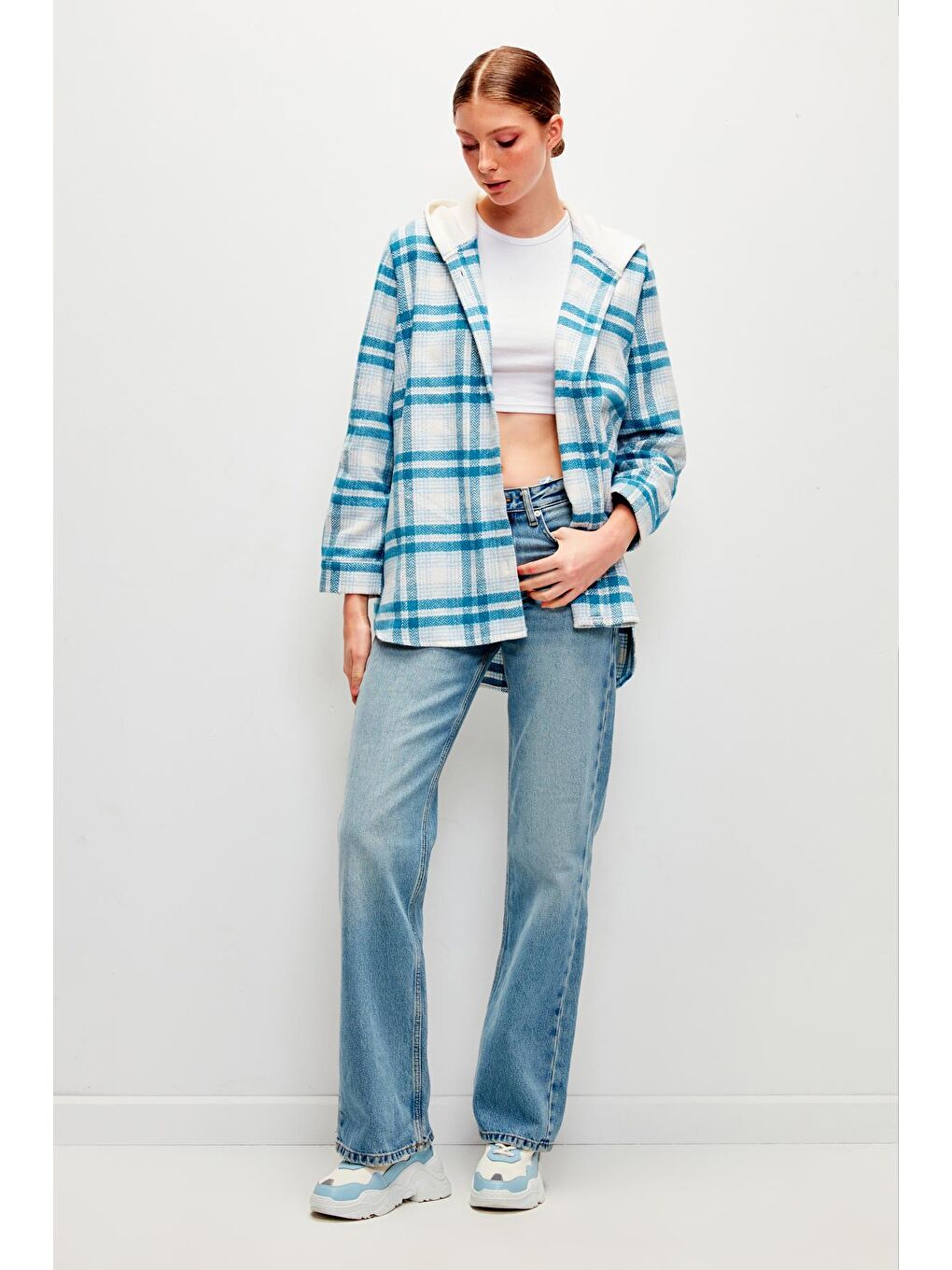 Kapüşonlu Ekoseli Oduncu Gömlek-Mavi-2