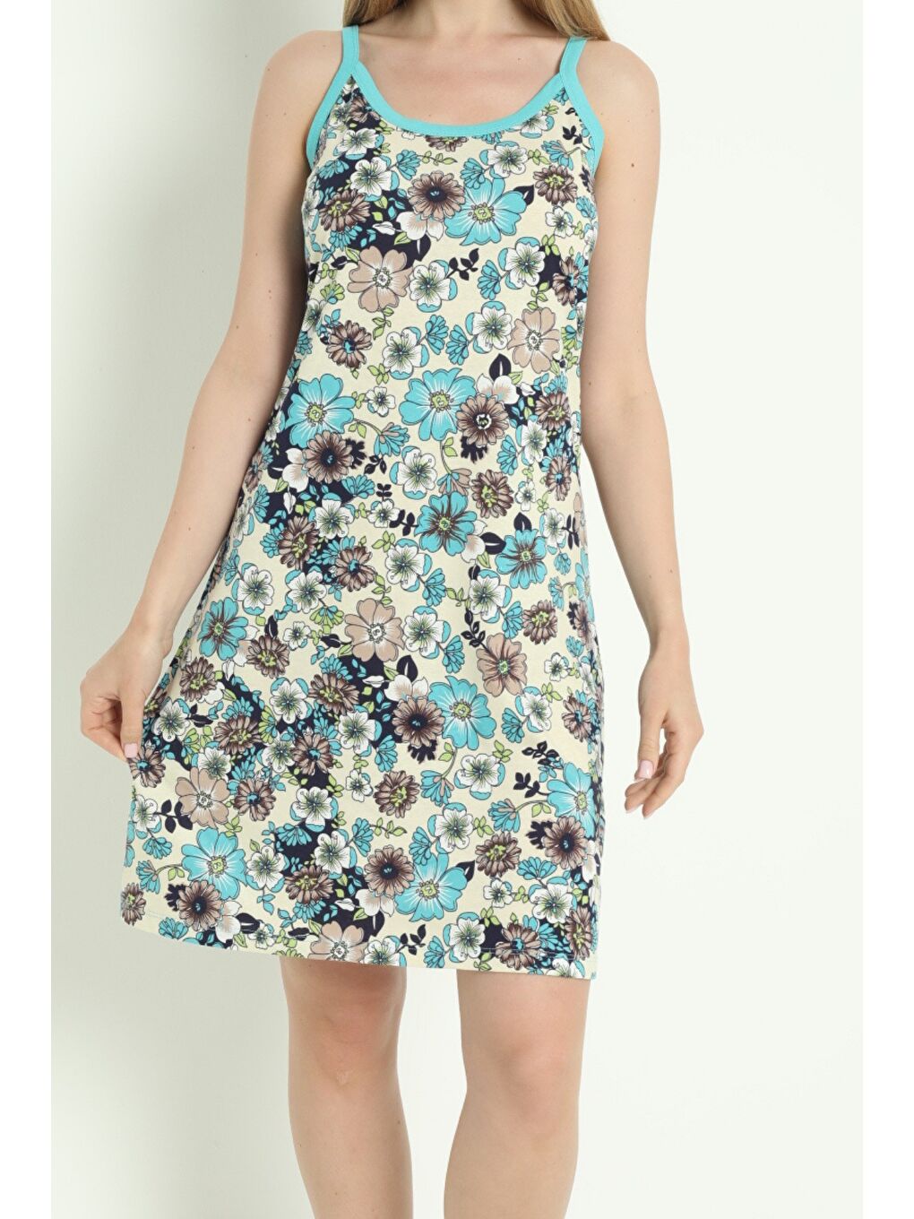 Ekru Kadın Askılı Desenli %100 Pamuk Yazlık Elbise-1