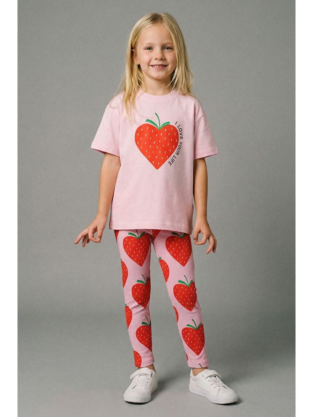 Kız Çocuk Pamuklu Pembe Çilek Baskılı T-Shirt Tayt Takım