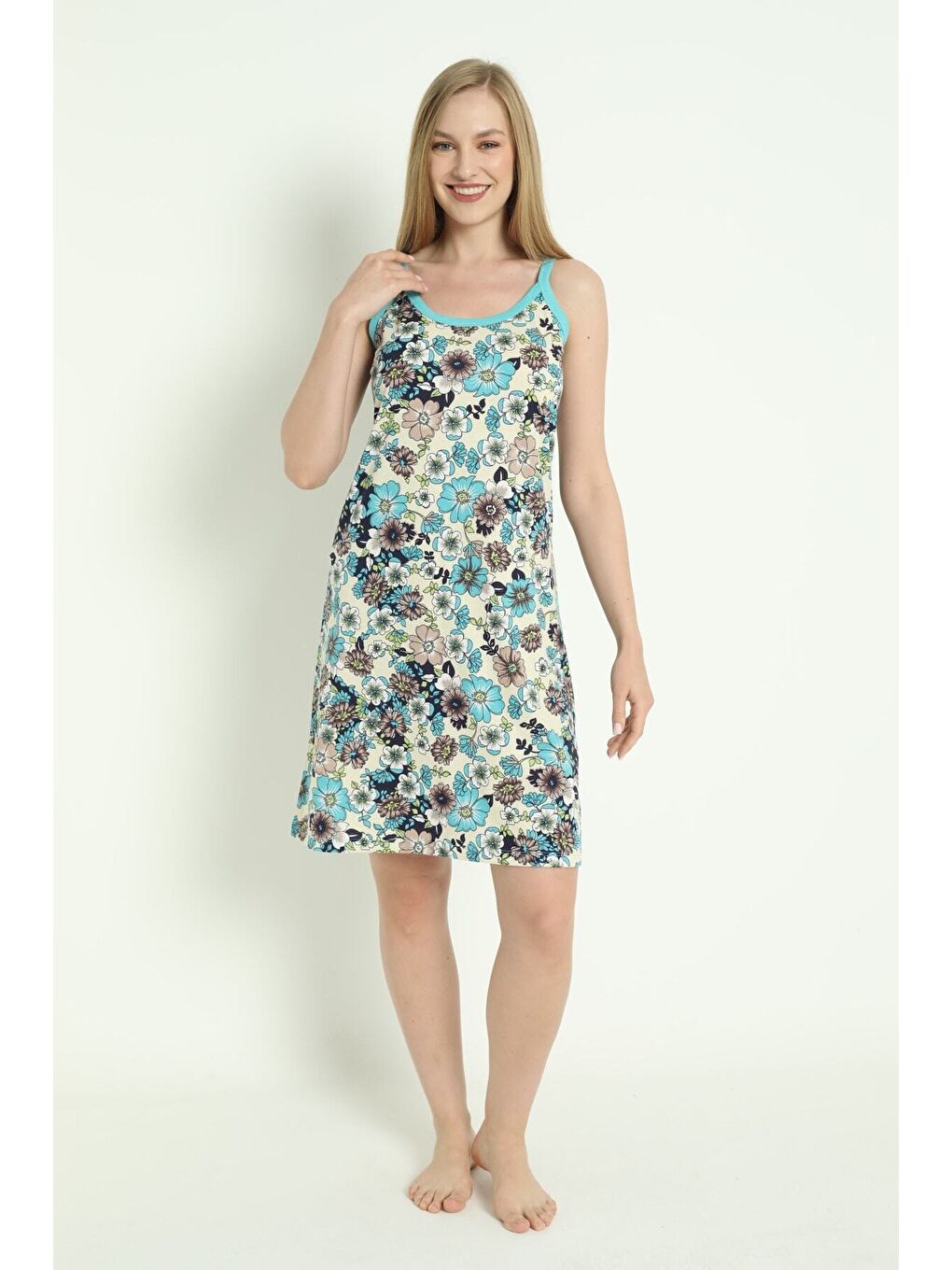 Ekru Kadın Askılı Desenli %100 Pamuk Yazlık Elbise-2