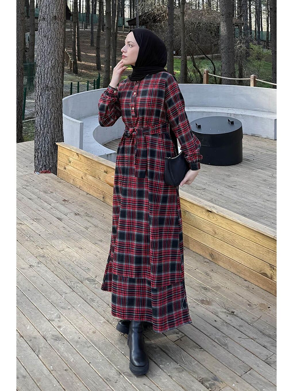 Ekose Desen Elbise Bordo-1