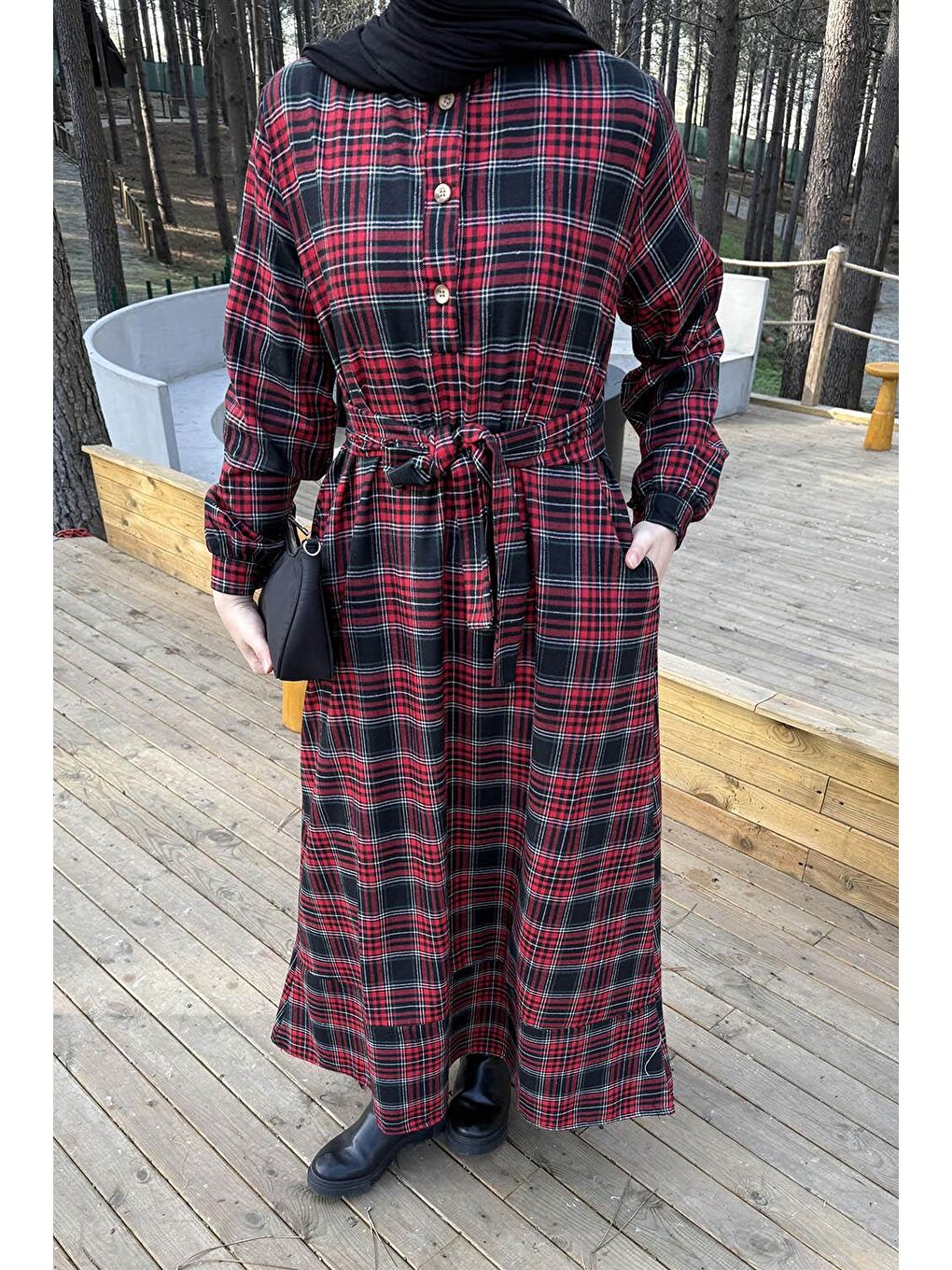 Ekose Desen Elbise Bordo-2