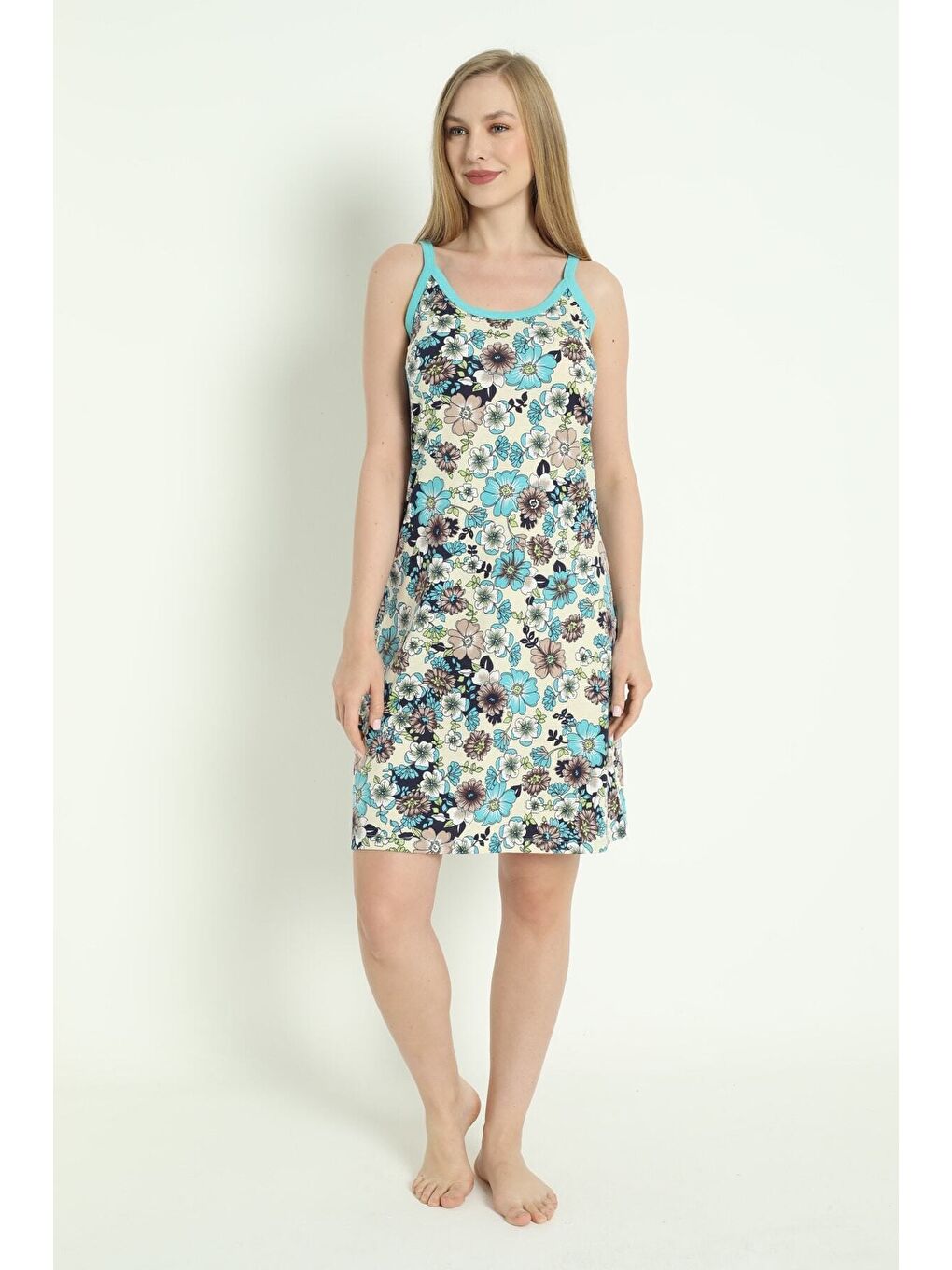 Ekru Kadın Askılı Desenli %100 Pamuk Yazlık Elbise-4