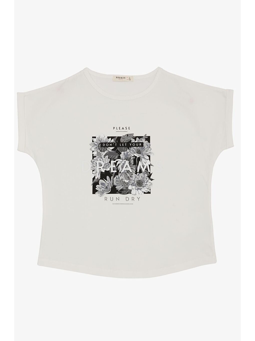 Kız Çocuk Tişört Kemer Boy Çiçek & Yazı Baskılı Ekru (7-12 Yaş)
