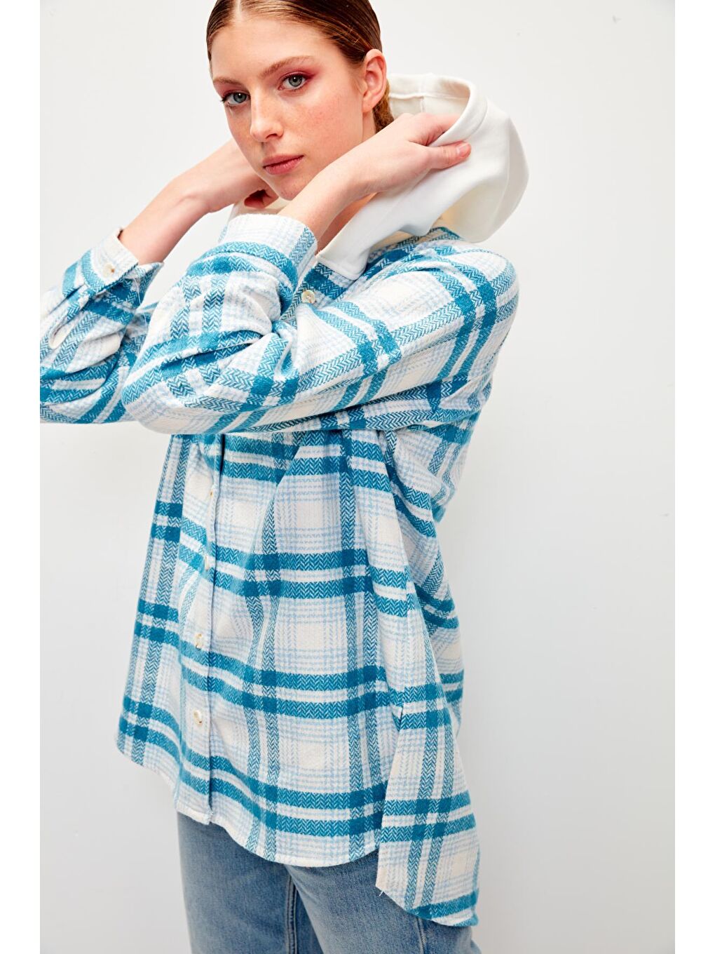 Kapüşonlu Ekoseli Oduncu Gömlek-Mavi-3