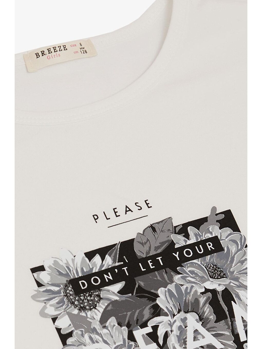 Kız Çocuk Tişört Kemer Boy Çiçek & Yazı Baskılı Ekru (7-12 Yaş)-2