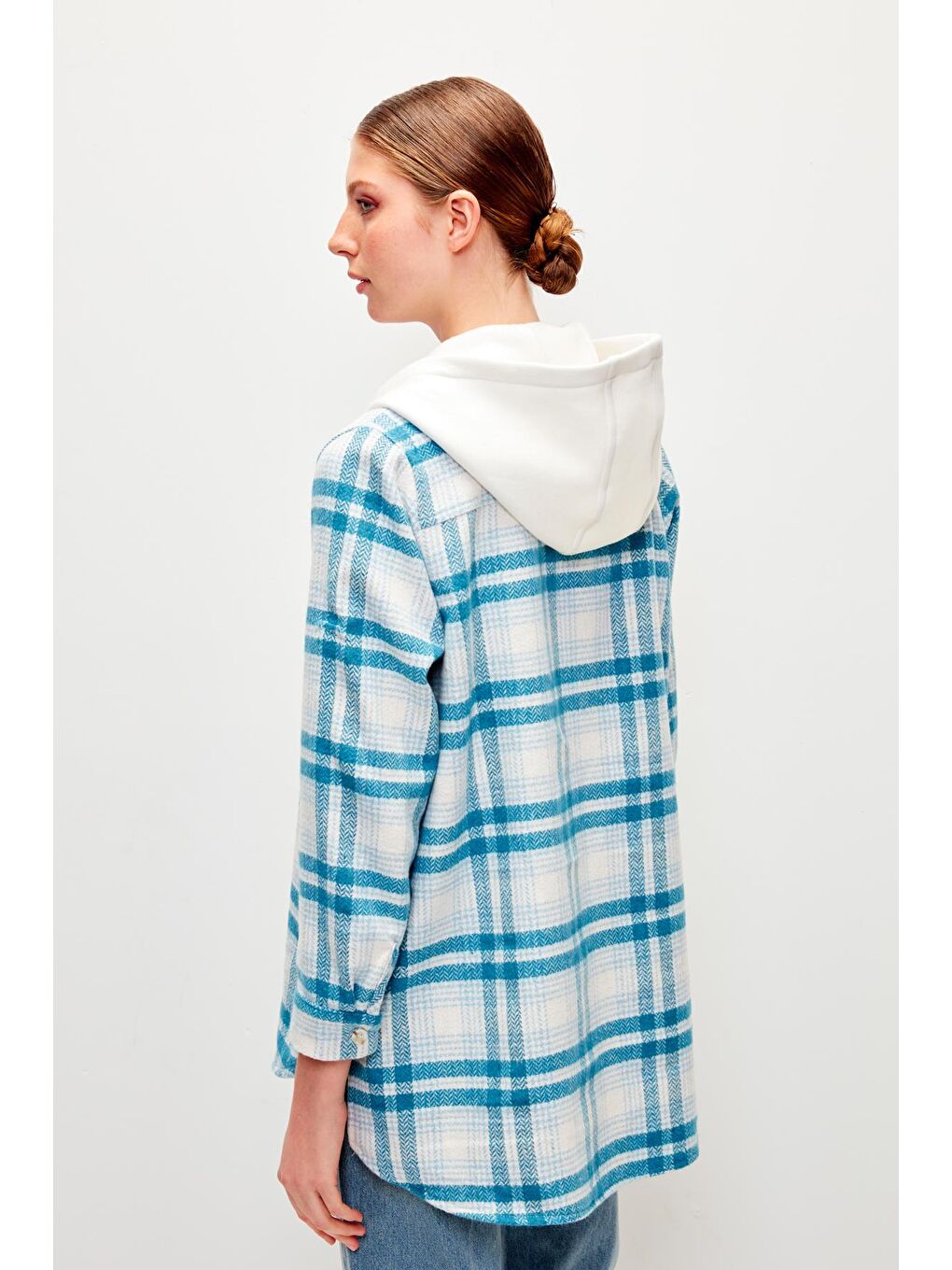 Kapüşonlu Ekoseli Oduncu Gömlek-Mavi-4