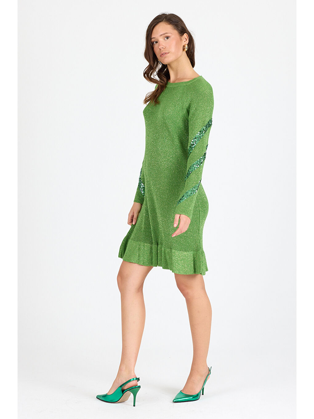 Yeşil Kadın Bisiklet Yaka Sim Garnili Pul İşlemeli Eibise 3143 (Standart Beden s-m-l-xl Beden Uyumludur)-4