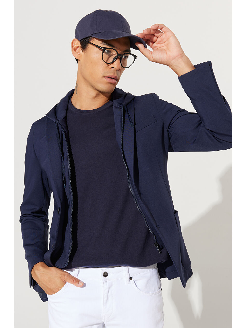 Erkek Lacivert Slim Fit Dar Kesim Mono Yaka Pamuklu Desenli Ceket-1