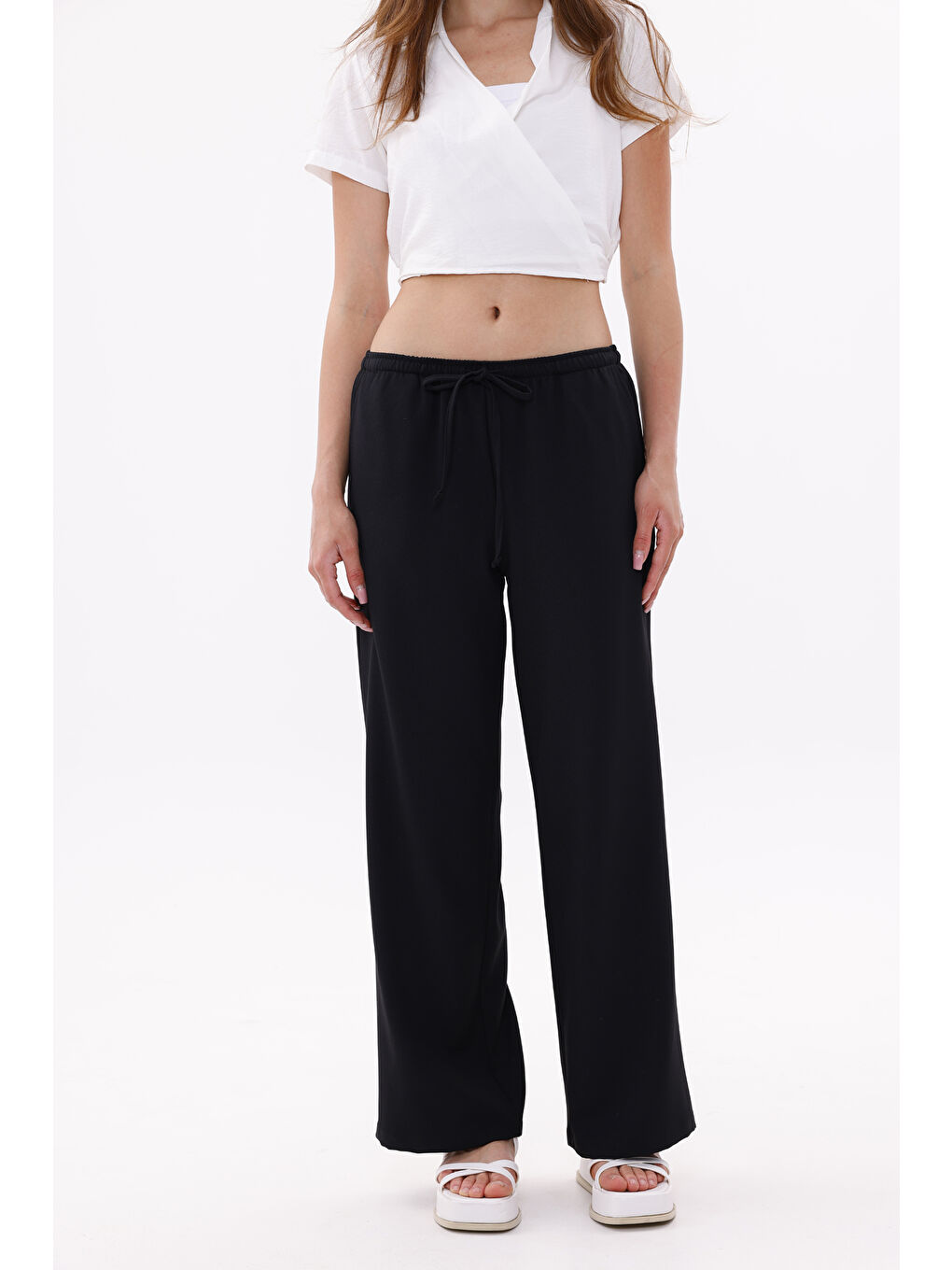 Siyah Kadın Pantolon Geniş Paça Pamuklu Viskon Cepli Pantolon Beli Lastikli GENİŞPAÇA-PANTOLON-1