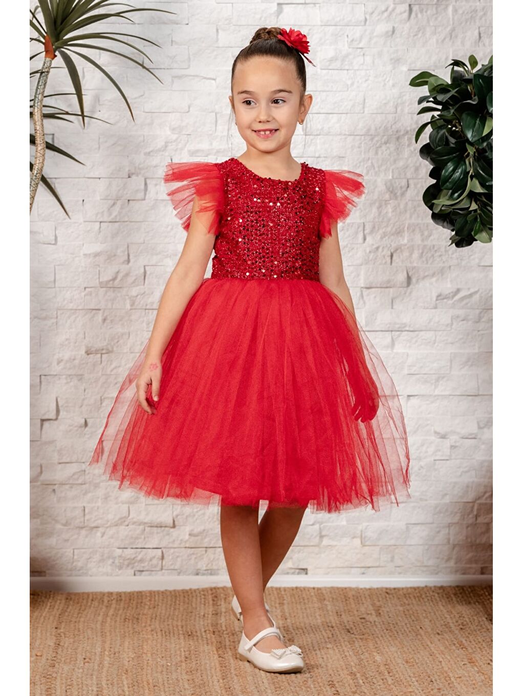 Kırmızı Tüllü Kız Çocuk KPL Elbise MNK0526-8