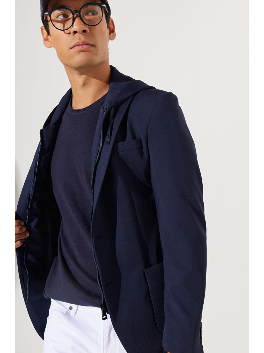 Erkek Lacivert Slim Fit Dar Kesim Mono Yaka Pamuklu Desenli Ceket-3