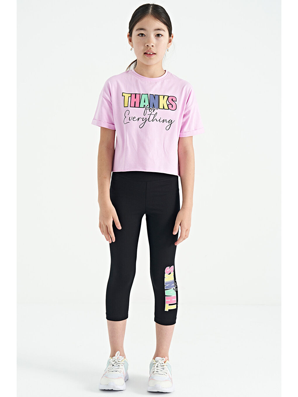 TOMMYLIFE Pembe - Siyah Yazı Baskılı Oversize Kız Çocuk Crop Tayt Takım - 75133