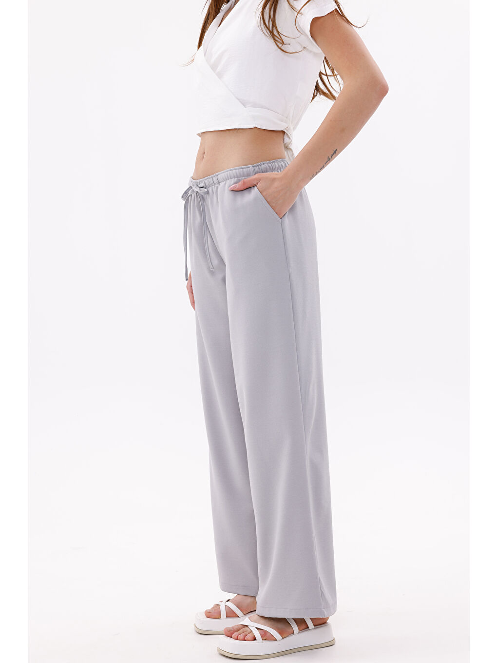 Gri Kadın Pantolon Geniş Paça Pamuklu Viskon Cepli Pantolon Beli Lastikli GENİŞPAÇA-PANTOLON-1